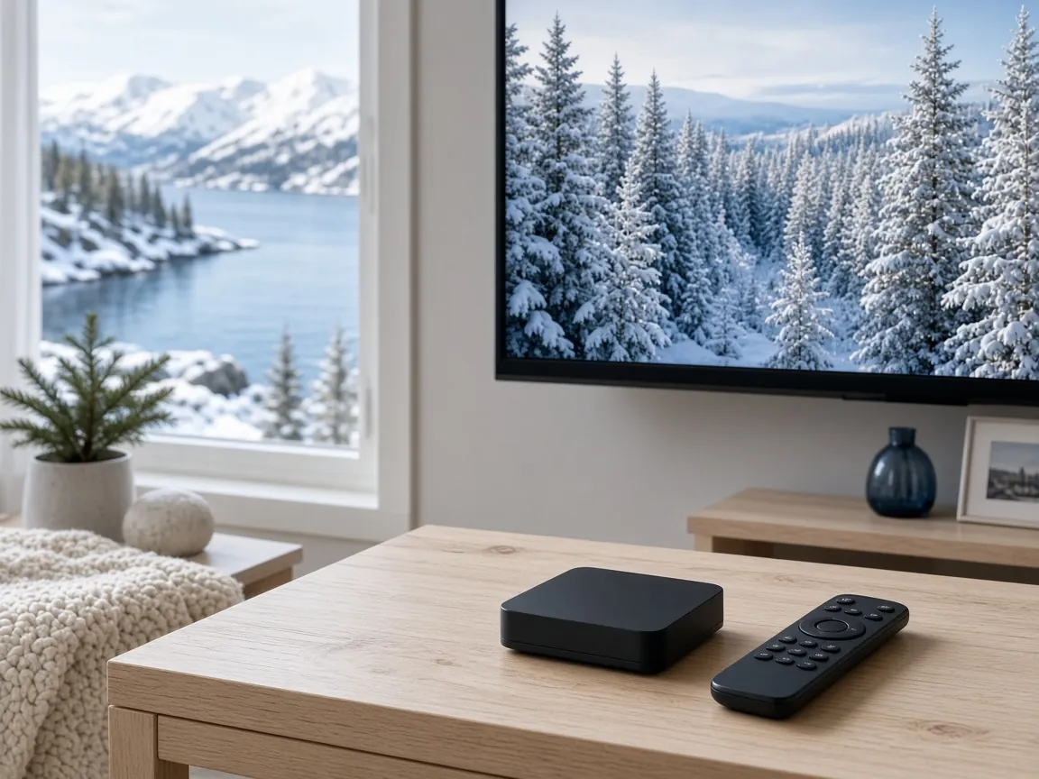 Android TV-box och fjärrkontroll på en tv-bänk i vardagsrummet