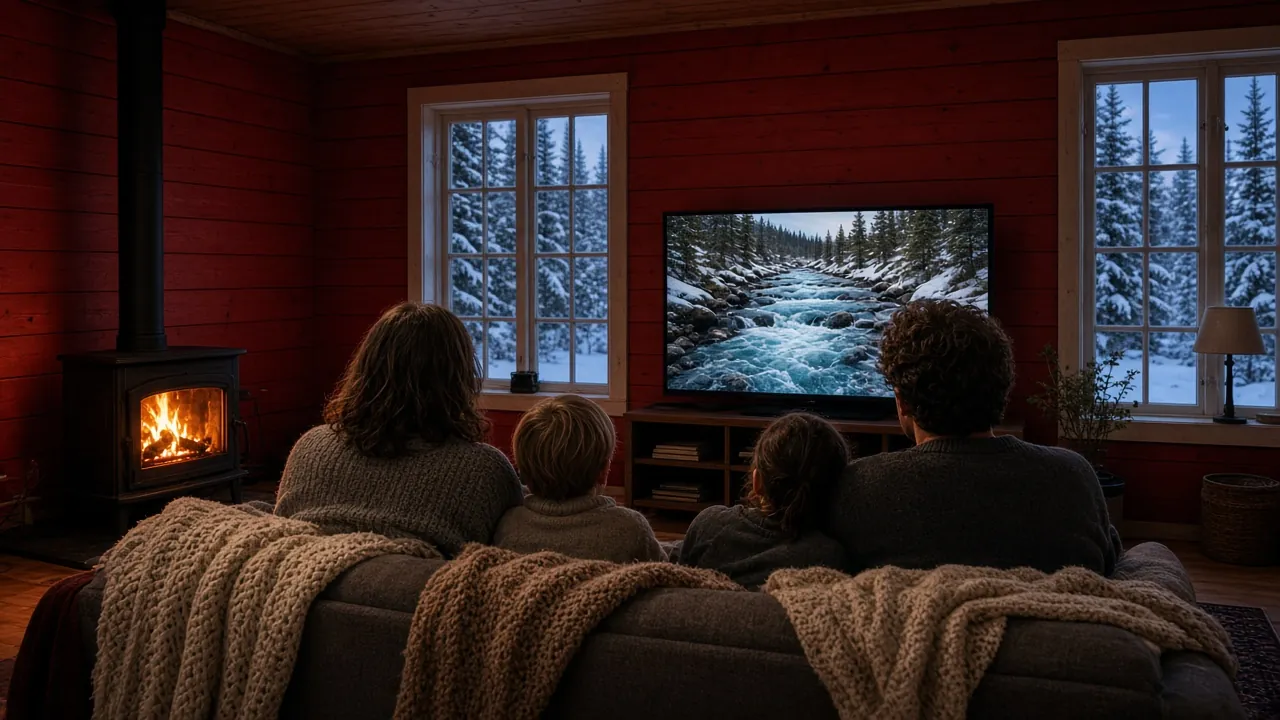 Familj tittar på tv i en mysig röd stuga en snöig vinterkväll