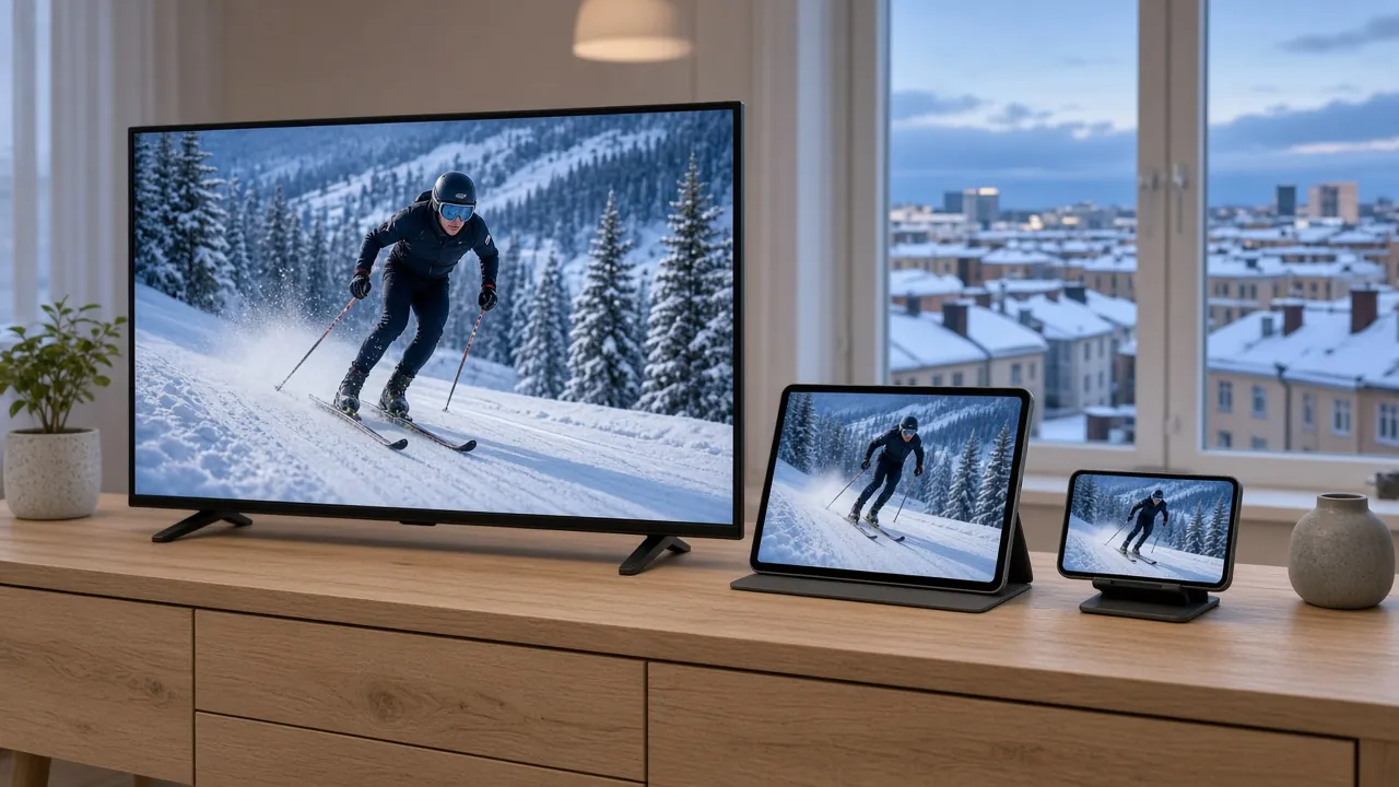 Tv, surfplatta och mobil som visar samma sändning