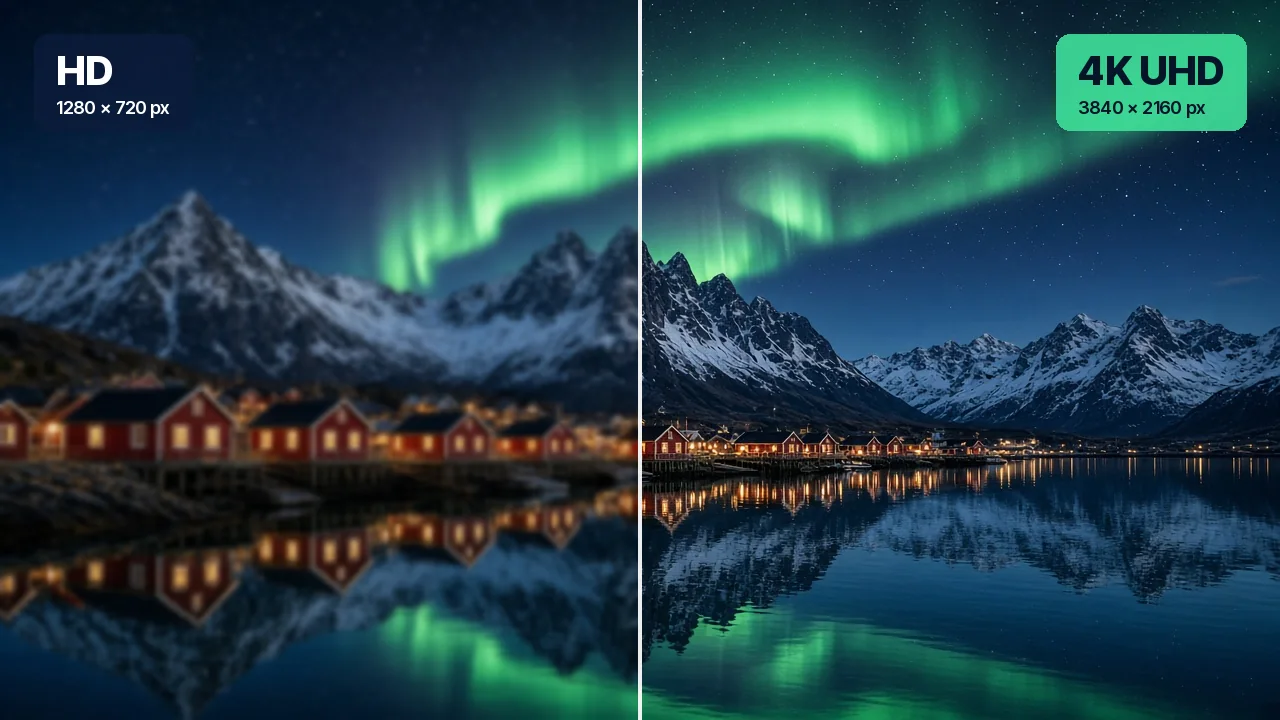 Jämförelse av skärpa mellan HD och 4K UHD på en bild av norrsken i Lofoten