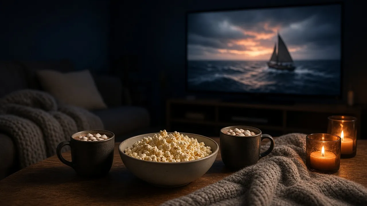 Filmkväll hemma med popcorn och varm choklad framför en 4K-tv