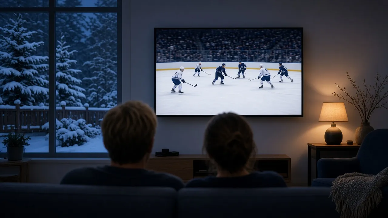 Ishockeymatch som sänds live på en stor tv i ett nordiskt vardagsrum