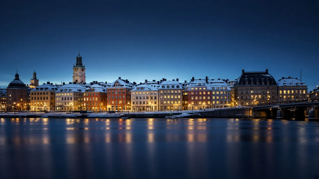 Gamla stan i Stockholm vid vattnet under den blå timmen
